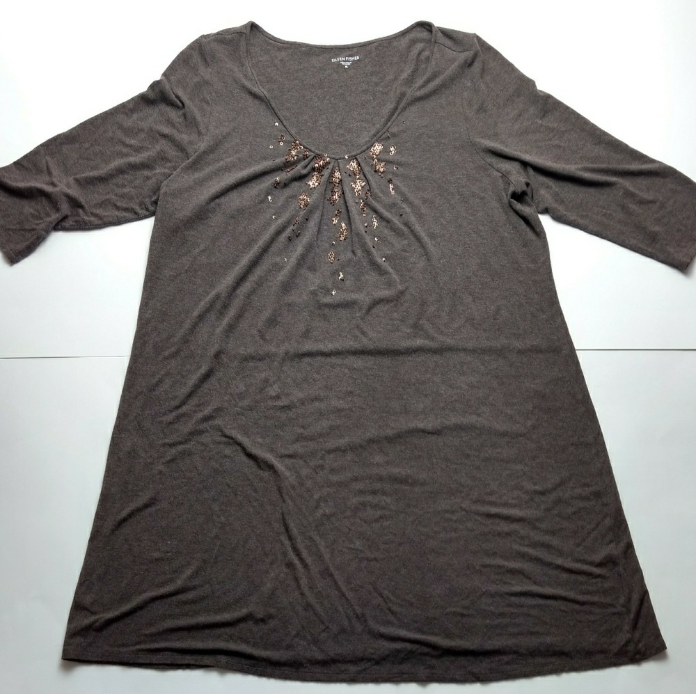 Eileen Fisher Tunic Top Brown Beaded Pleat Scoop